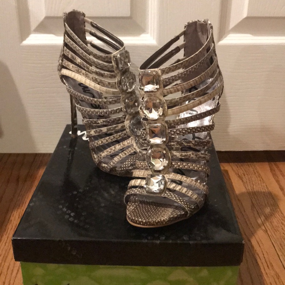 San Edelman Hampton snake print heeels